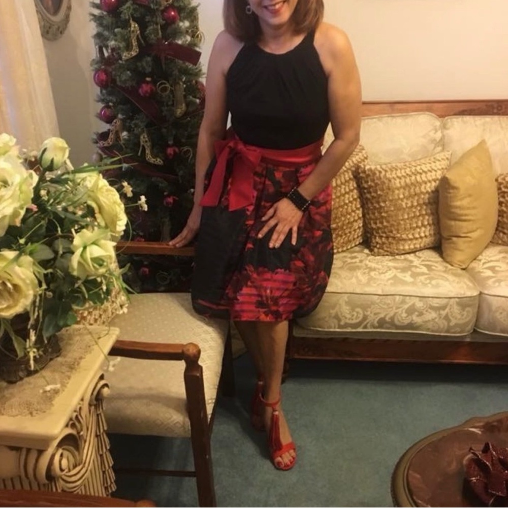 madison leigh Black and Red Floral A-Line Skirt with Sash